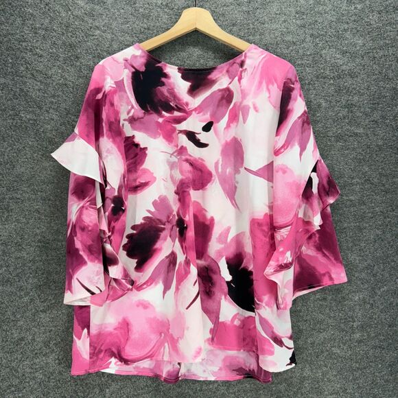Alfani Blouse Women L Large Pink Floral 3/4 Sleeve Zipper Crew Neck Casual - Picture 1 of 7